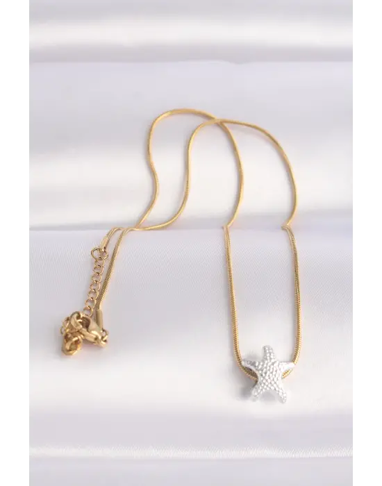  Zincir Altın  Zincirli Gümüş  Deniz Yıldızı Tasarımlı Çelik Kolye