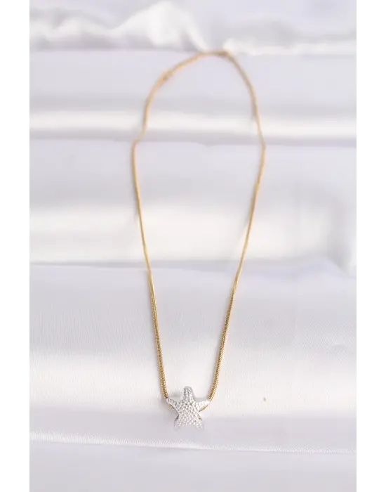  Zincir Altın  Zincirli Gümüş  Deniz Yıldızı Tasarımlı Çelik Kolye