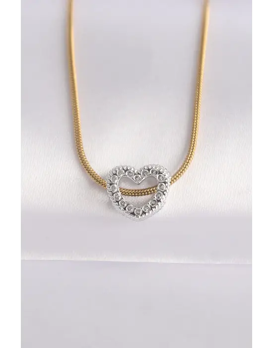  Zincir Altın  Zincirli Gümüş  Kalp Tasarımlı Çelik Kolye