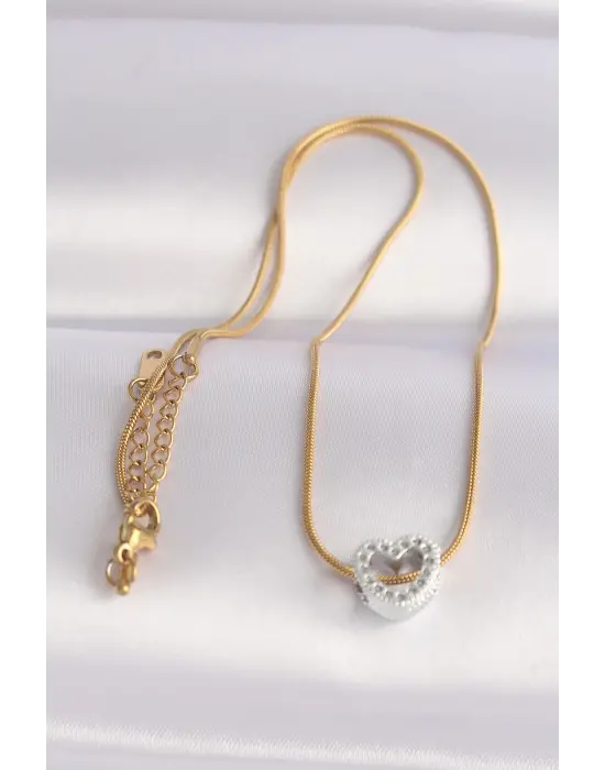  Zincir Altın  Zincirli Gümüş  Kalp Tasarımlı Çelik Kolye