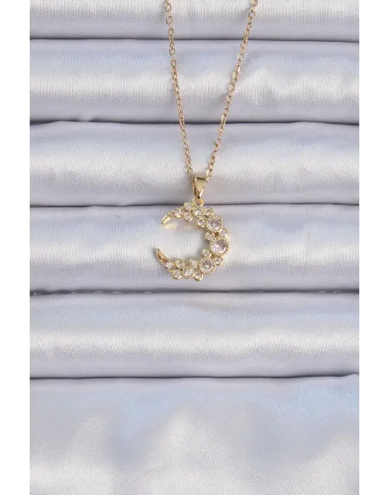  Zincir Altın  Zirkon Taşlı Ay Çelik Kolye
