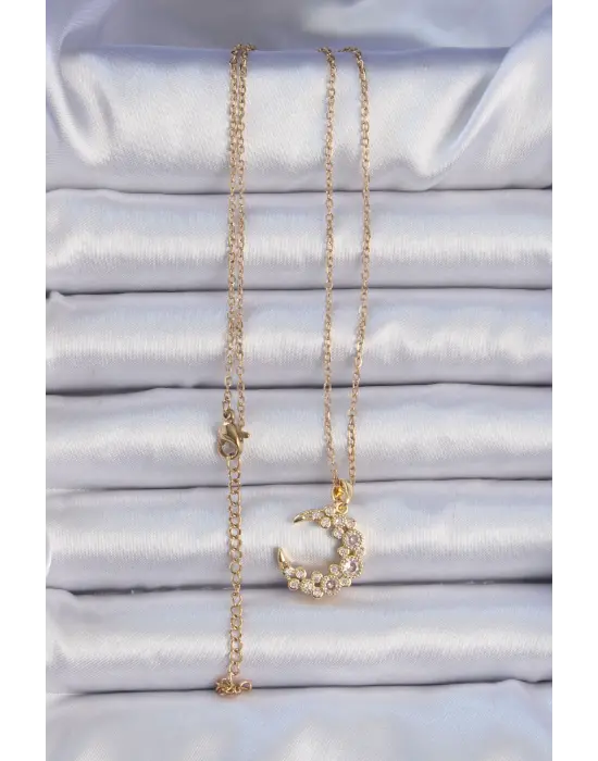  Zincir Altın  Zirkon Taşlı Ay Çelik Kolye