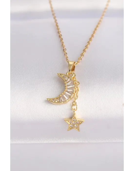  Zincir Altın  Zirkon Taşlı Ay Yıldız Çelik Kolye