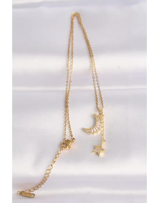  Zincir Altın  Zirkon Taşlı Ay Yıldız Çelik Kolye