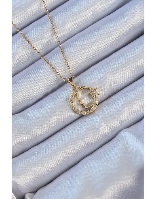  Zincir Altın  Zirkon Taşlı Ay Yıldız Simgeli Atatürk Çelik Kolye