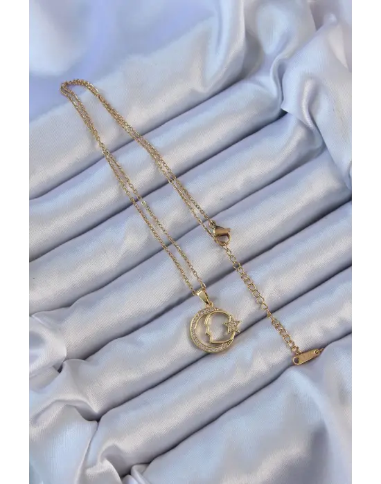  Zincir Altın  Zirkon Taşlı Ay Yıldız Simgeli Atatürk Çelik Kolye