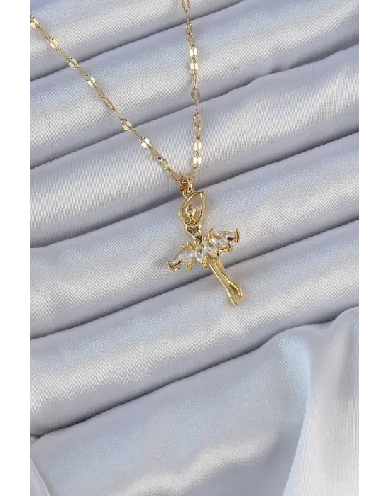  Zincir Altın  Zirkon Taşlı Balerin Çelik Kolye