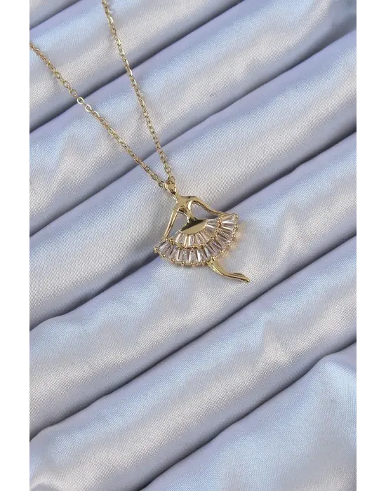  Zincir Altın  Zirkon Taşlı Balerin Çelik Kolye