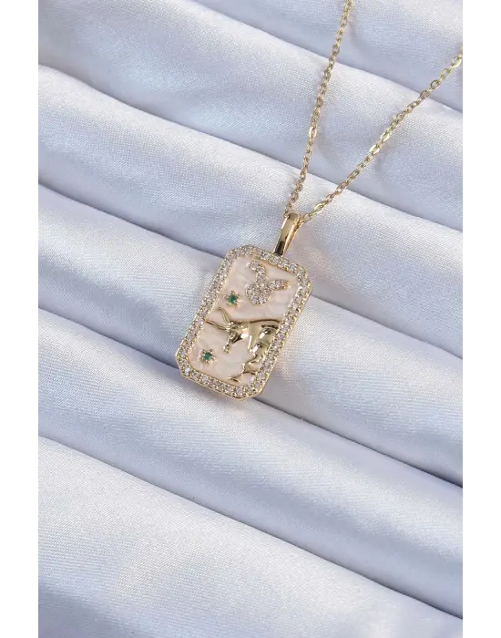  Zincir Altın  Zirkon Taşlı Boğa Figürlü Tarot Çelik Kolye