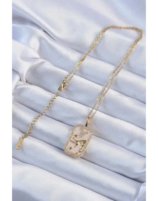  Zincir Altın  Zirkon Taşlı Boğa Figürlü Tarot Çelik Kolye