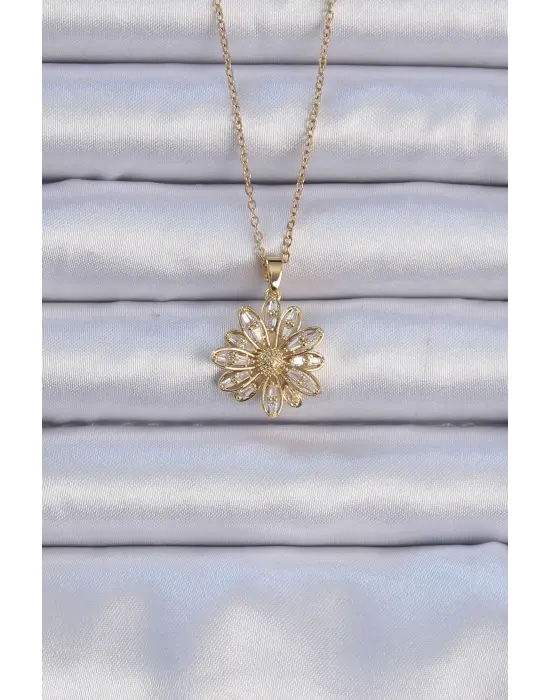  Zincir Altın  Zirkon Taşlı Çiçek Çelik Kolye