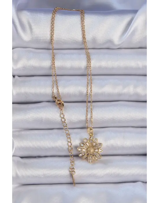  Zincir Altın  Zirkon Taşlı Çiçek Çelik Kolye