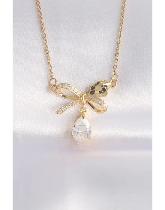  Zincir Altın  Zirkon Taşlı Damla Detay Fiyonk Çelik Kolye