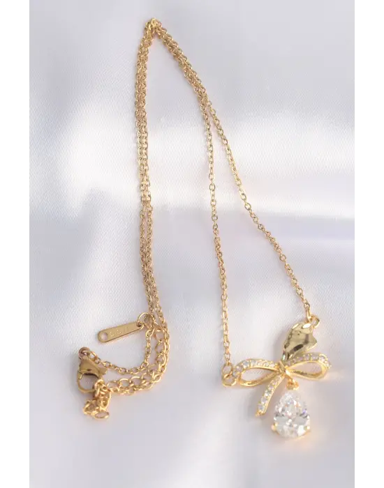  Zincir Altın  Zirkon Taşlı Damla Detay Fiyonk Çelik Kolye
