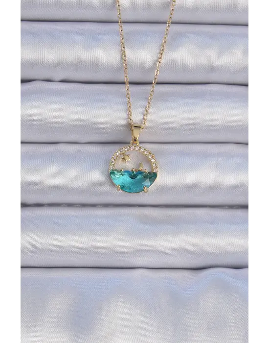  Zincir Altın  Zirkon Taşlı Deniz Görünümlü Ay Yıldız Çelik Kolye