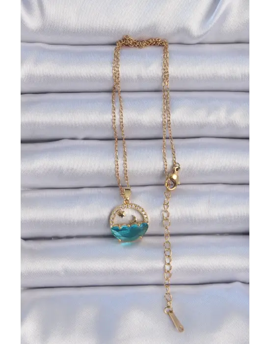  Zincir Altın  Zirkon Taşlı Deniz Görünümlü Ay Yıldız Çelik Kolye