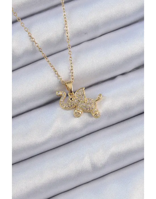  Zincir Altın  Zirkon Taşlı Fil Çelik Kolye