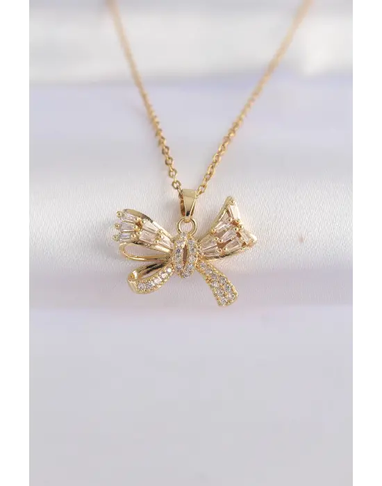  Zincir Altın  Zirkon Taşlı Fiyonk Çelik Kolye