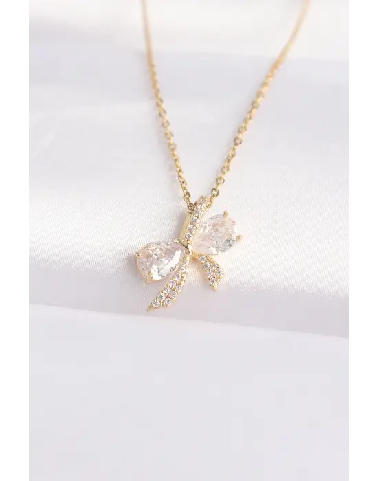  Zincir Altın  Zirkon Taşlı Fiyonk Çelik Kolye