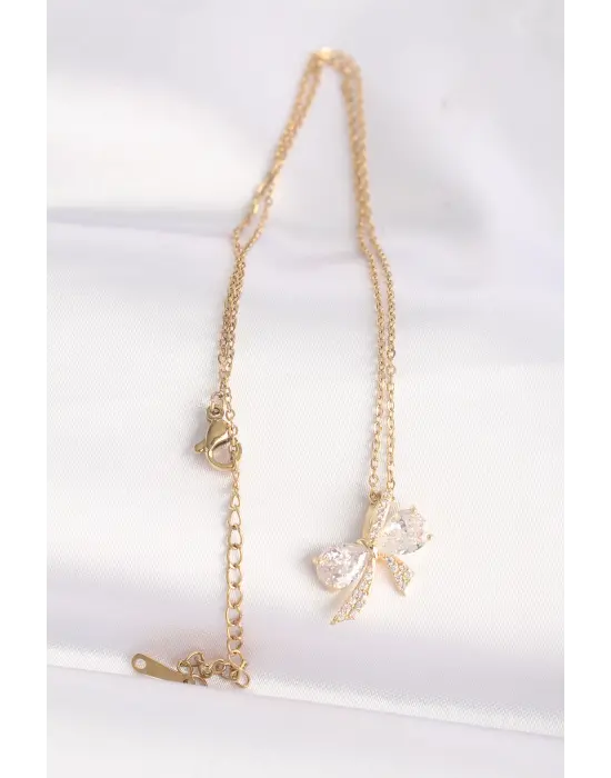  Zincir Altın  Zirkon Taşlı Fiyonk Çelik Kolye