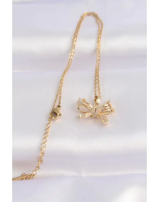  Zincir Altın  Zirkon Taşlı Fiyonk Çelik Kolye