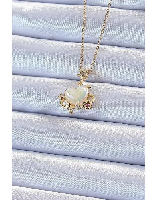  Zincir Altın  Zirkon Taşlı Gezegen Görünümlü Kalp Çelik Kolye