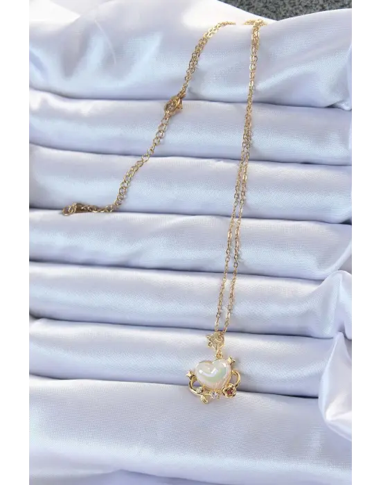  Zincir Altın  Zirkon Taşlı Gezegen Görünümlü Kalp Çelik Kolye