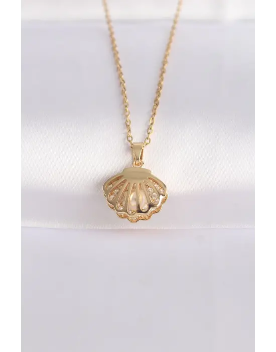  Zincir Altın  Zirkon Taşlı İnci Detay İstiridye Çelik Kolye