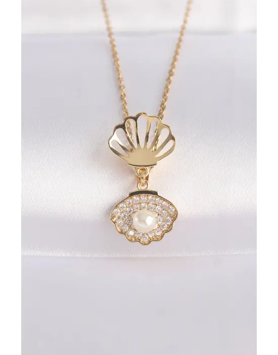  Zincir Altın  Zirkon Taşlı İnci Detay İstiridye Çelik Kolye