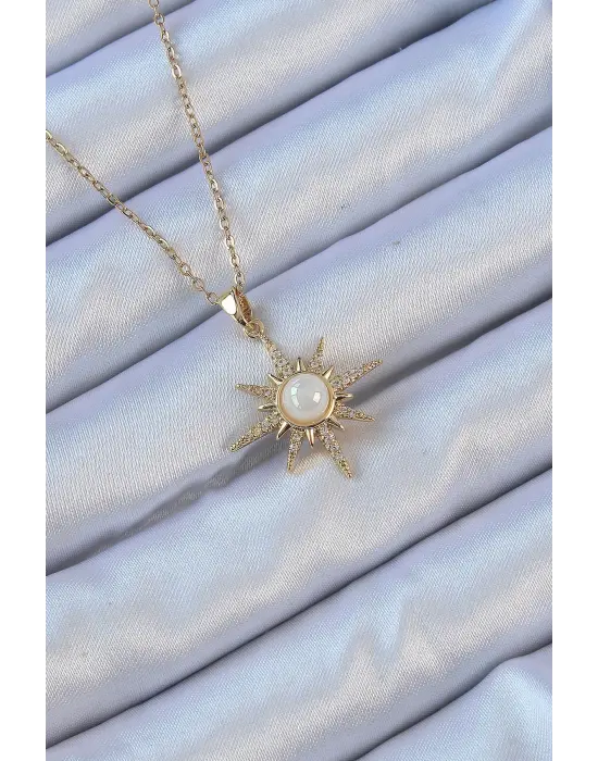  Zincir Altın  Zirkon Taşlı İnci Detay Kutup Yıldızı Çelik Kolye