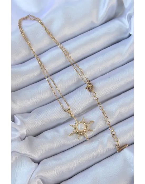  Zincir Altın  Zirkon Taşlı İnci Detay Kutup Yıldızı Çelik Kolye