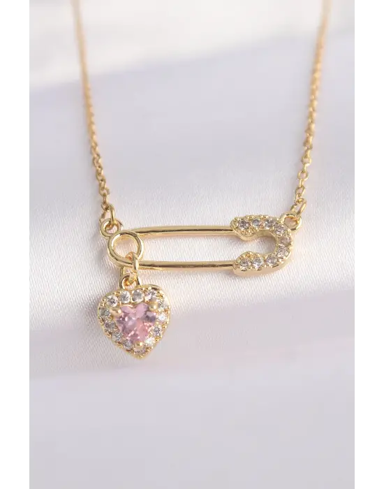  Zincir Altın  Zirkon Taşlı Kalp Detay Çengelli İğne Tasarımlı Çelik Kolye