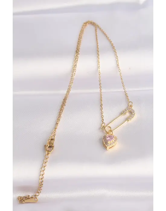  Zincir Altın  Zirkon Taşlı Kalp Detay Çengelli İğne Tasarımlı Çelik Kolye