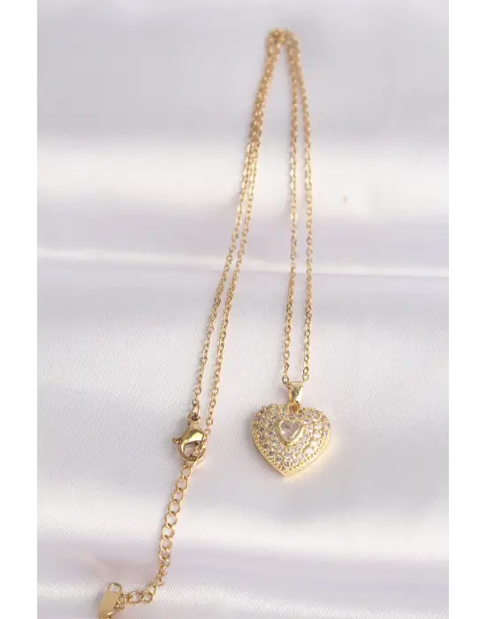  Zincir Altın  Zirkon Taşlı Kalp Çelik Kolye