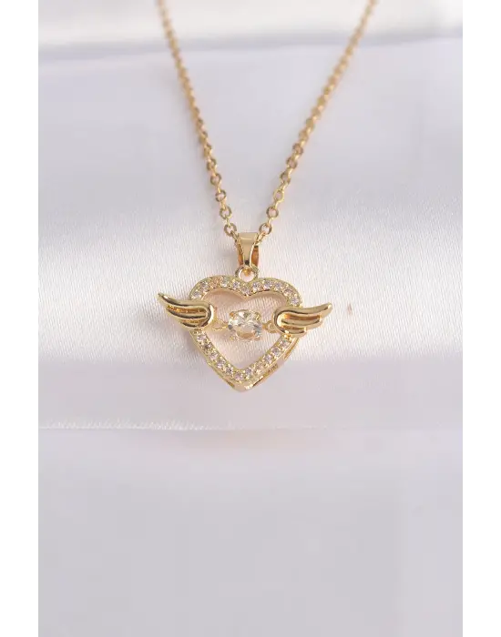  Zincir Altın  Zirkon Taşlı Kanatlı Kalp Çelik Kolye