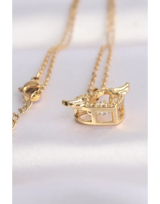 Zincir Altın  Zirkon Taşlı Kanatlı Kalp Çelik Kolye