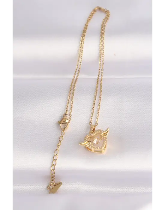  Zincir Altın  Zirkon Taşlı Kanatlı Kalp Çelik Kolye