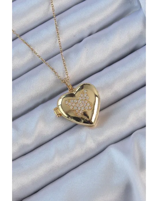  Zincir Altın  Zirkon Taşlı Kelebek Desenli İçi Açılan Bombeli Kalp Çelik Kolye