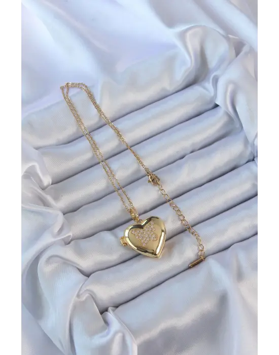  Zincir Altın  Zirkon Taşlı Kelebek Desenli İçi Açılan Bombeli Kalp Çelik Kolye