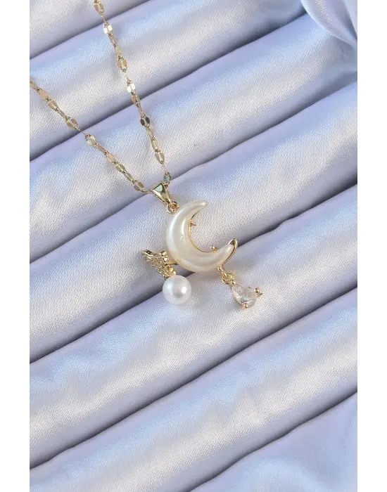  Zincir Altın  Zirkon Taşlı Kelebekli Mineli Ay Çelik Kolye