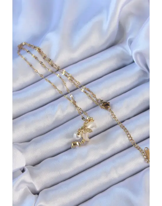  Zincir Altın  Zirkon Taşlı Kelebekli Mineli Ay Çelik Kolye