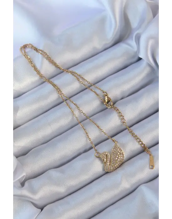  Zincir Altın  Zirkon Taşlı Kuğu Çelik Kolye