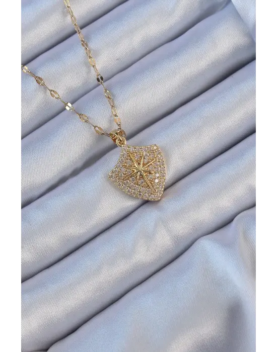  Zincir Altın  Zirkon Taşlı Kutup Yıldızı Çelik Kolye