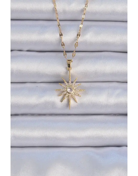  Zincir Altın  Zirkon Taşlı Kutup Yıldızı Çelik Kolye