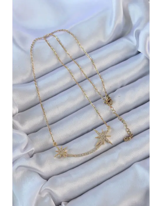  Zincir Altın  Zirkon Taşlı Kutup Yıldızı Çelik Kolye