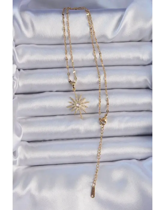  Zincir Altın  Zirkon Taşlı Kutup Yıldızı Çelik Kolye