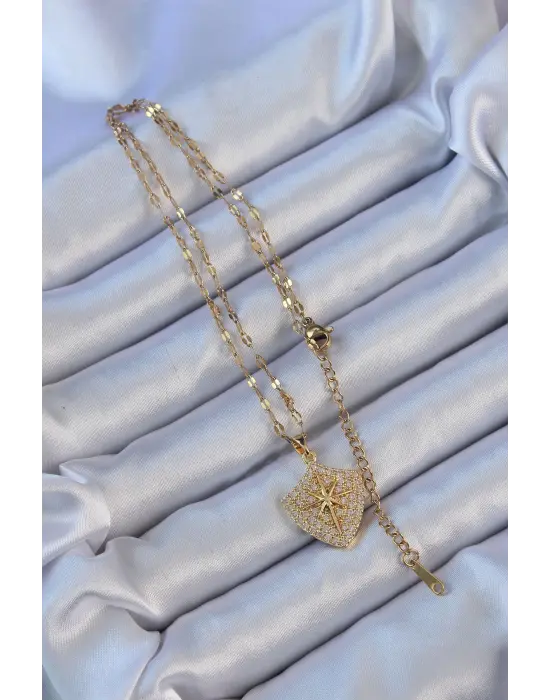  Zincir Altın  Zirkon Taşlı Kutup Yıldızı Çelik Kolye