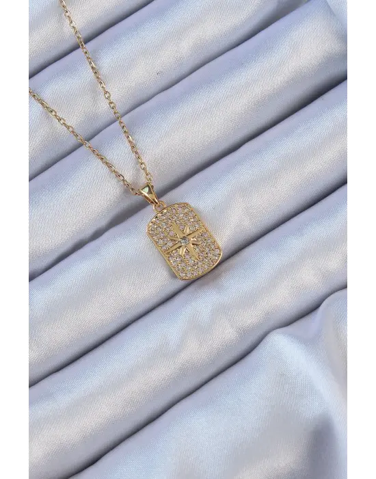 Zincir Altın  Zirkon Taşlı Kutup Yıldızlı Vintage Çelik Kolye