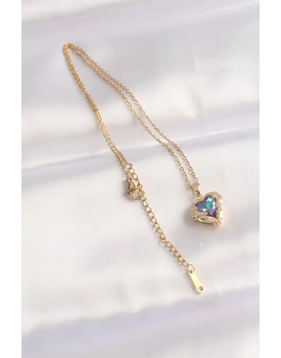  Zincir Altın  Zirkon Taşlı Mavi Mor li Kalp Figür Çelik Kolye