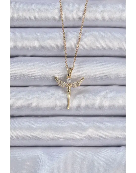 Zincir Altın  Zirkon Taşlı Melek Çelik Kolye